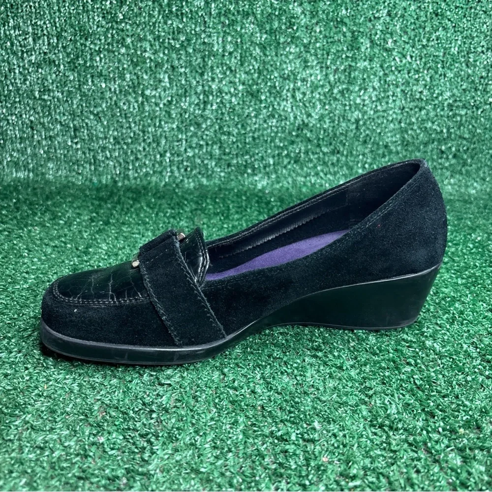 A2 by Aerosoles Womens 6.5 M Black Leather Wedge Loafers‎